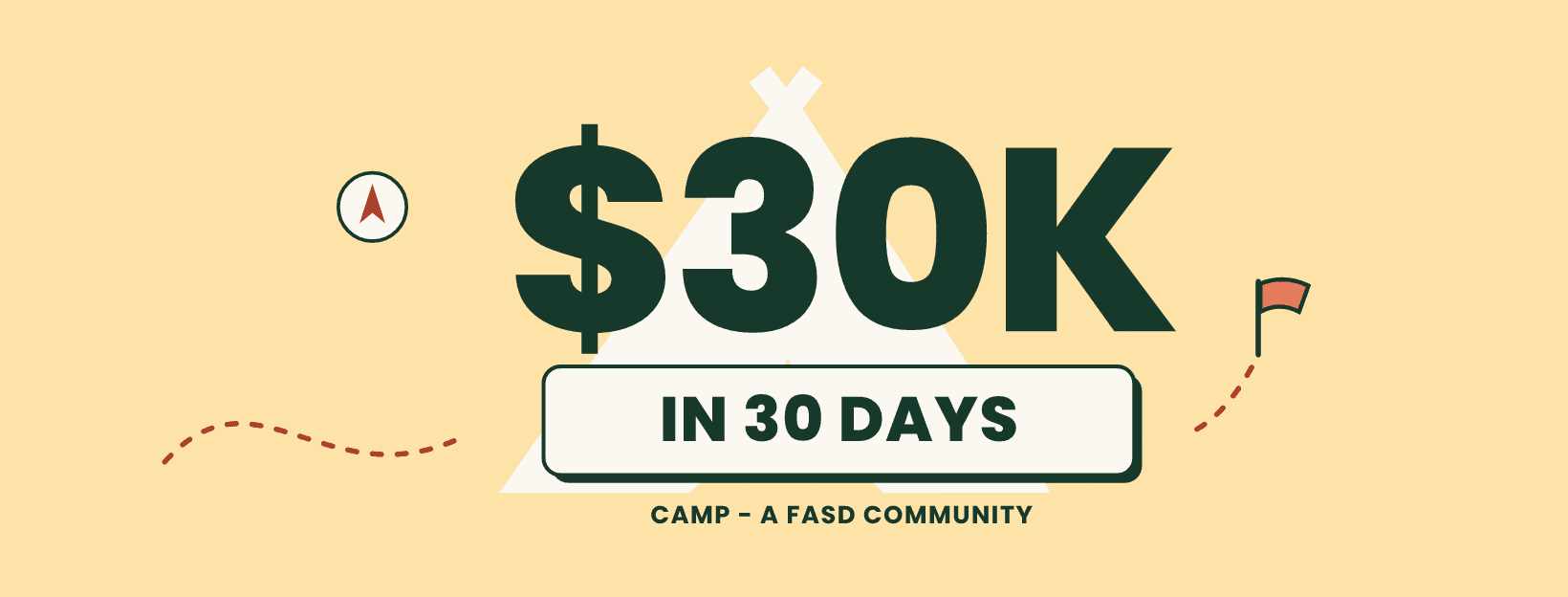 $30K in 30 Days Facebook cover with CAMP tent, compass and flag