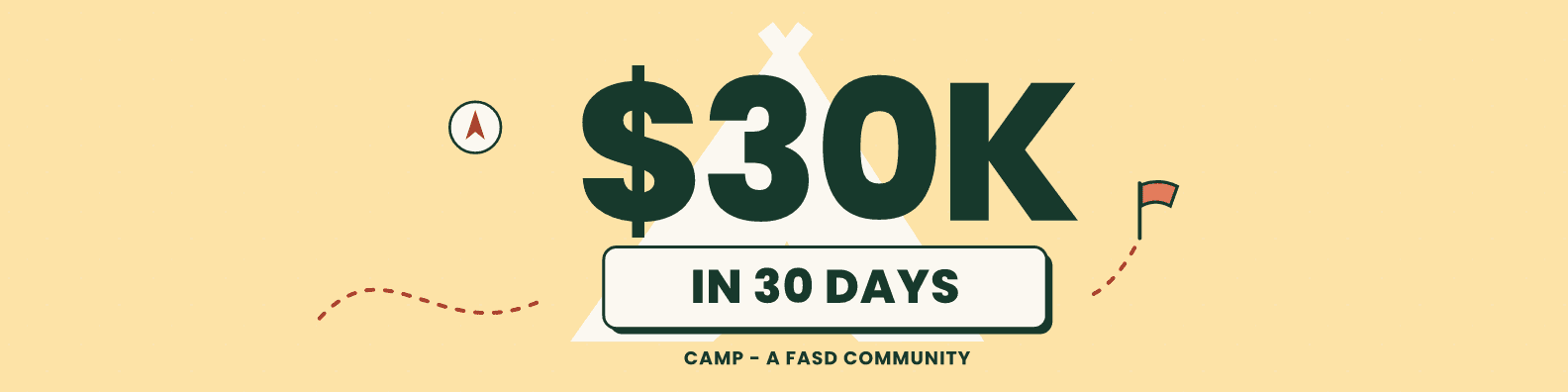 $30K in 30 Days LinkedIn cover with CAMP tent and trail